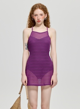 高端定制显白紫色连体裙式小胸聚拢遮肚显瘦温泉度假海边泳衣女