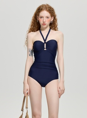 澳洲高贵深蓝色连体性感比基尼小胸聚拢遮肚显瘦温泉度假泳衣女