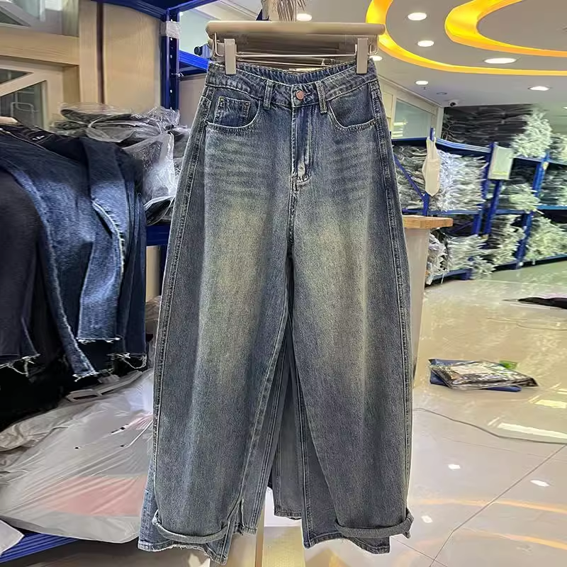 thumbnail for Fattening plus size 300 pounds washed denim dad pants men's autumn loose and versatile cropped radish pants ins trend