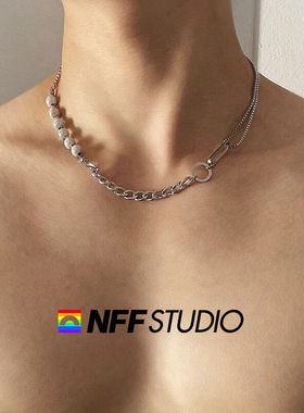 NFF高级感欧美轻奢珍珠钛钢拼接项链男潮ins设计感嘻哈简约锁骨链