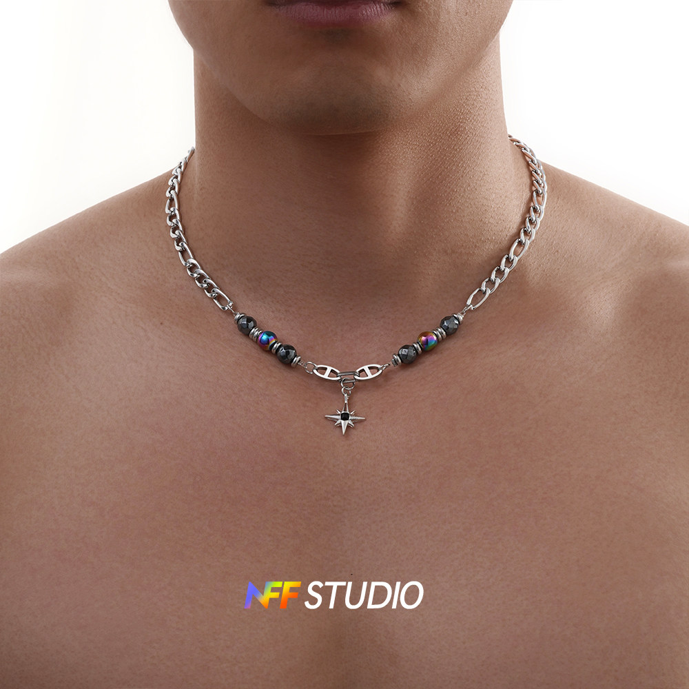 NFF暗黑风钛钢项链男款小众设计感变色串珠拼锁骨链短链配饰礼物