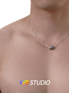 NFF仿藏银方珠锁骨链做旧吊坠项链男高级细链简约款几何潮流饰品