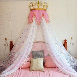 新款床幔帷幔公主家用卧室装饰亮片绣加蕾丝毛球波浪北欧含皇冠架