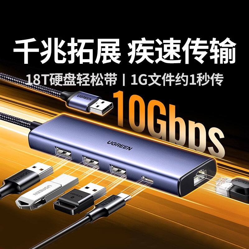 绿联网线转接口usb3.2转以太网口转换器扩展坞连接千兆有线网卡拓展网络宽带typec外置接笔记本电脑手机NAS