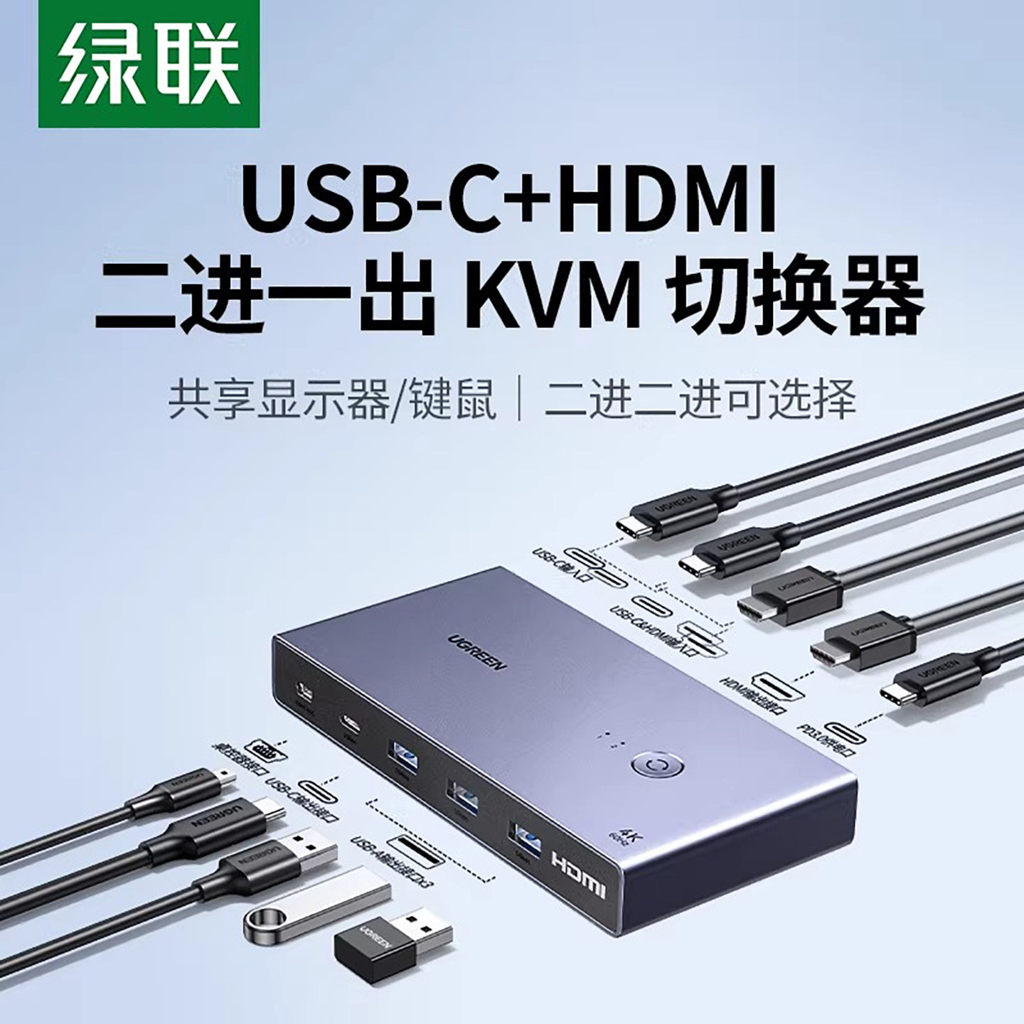 绿联KVM切换器USB-C+HDMI二进一出转换器两台电脑共用一个显示器鼠标键盘打印机共享器4K高清同步分配扩展器