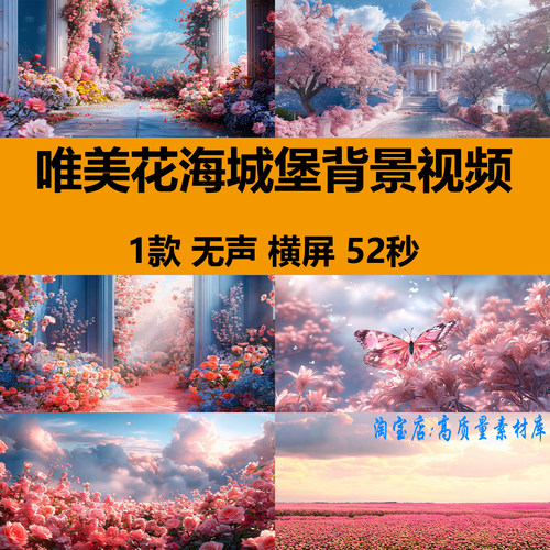 4K唯美浪漫花海花朵世界城堡婚礼晚会舞台LED大屏幕背景视频素材