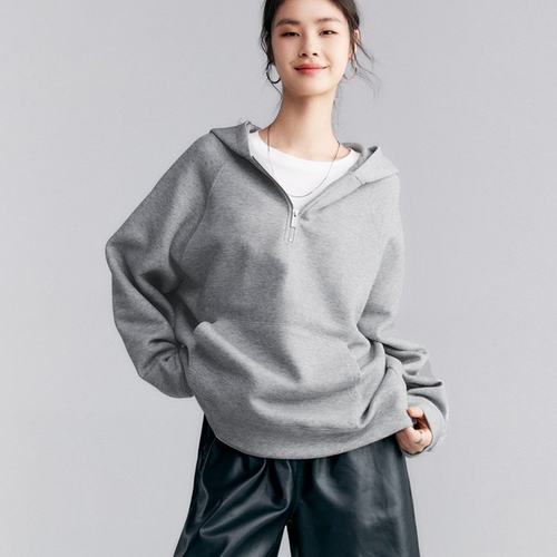 初棉灰色半拉链卫衣女 美式复古空气层上衣 秋季bf风连帽宽松外套