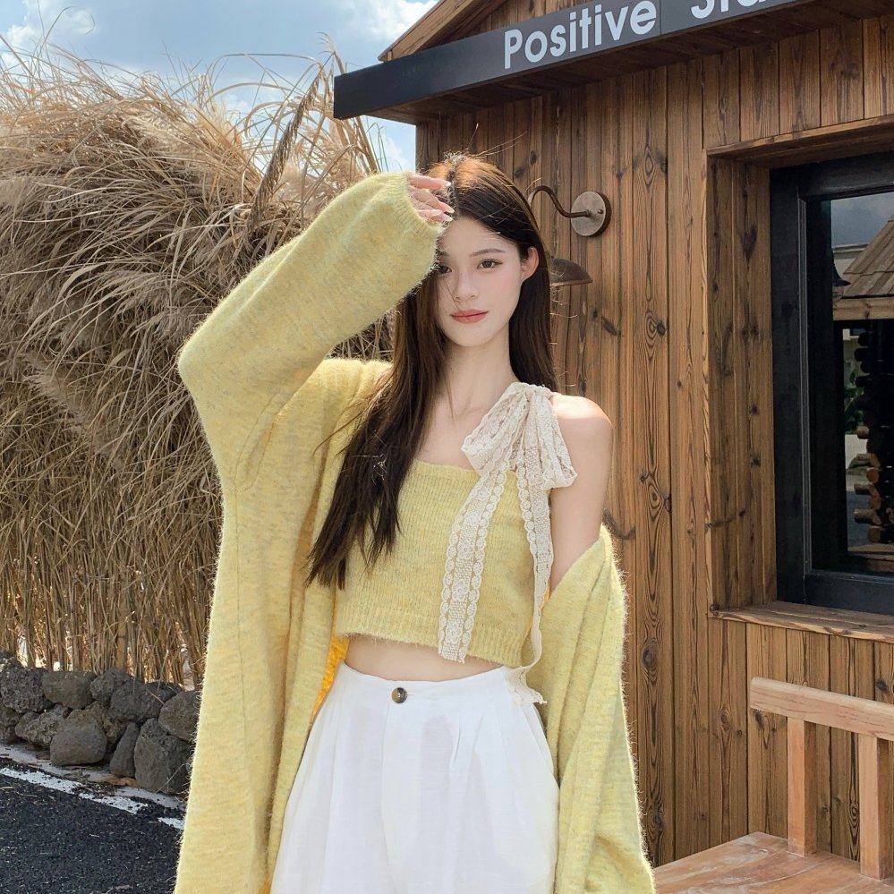 实拍 针织开衫毛衣女秋冬新款蕾丝吊带外穿两件套