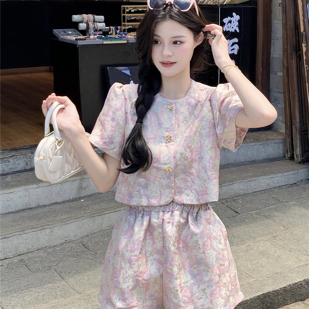 实拍 小香风套装女重工提花衬衫外套夏季松紧腰阔腿短裤两件套