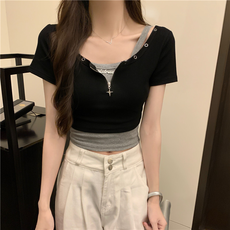 实拍现货 时尚潮流别致辣妹短款显瘦叠穿小上衣短袖t恤女两件套