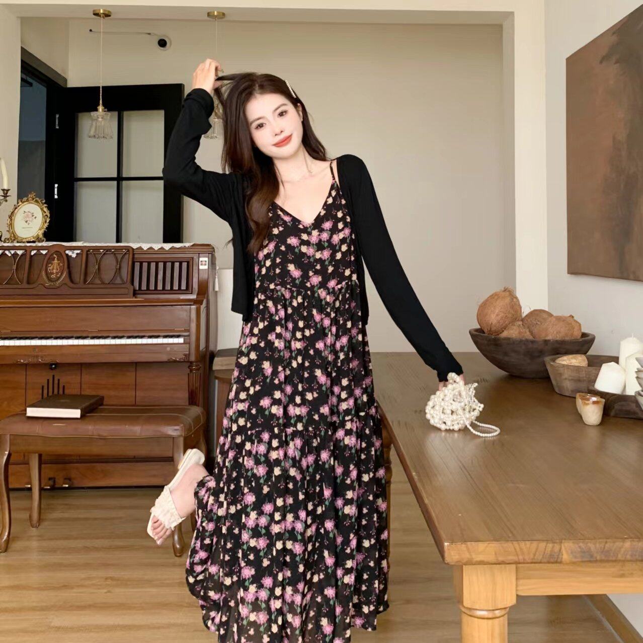 实拍夏季新款胖MM气质显瘦法式碎花吊带裙+开衫