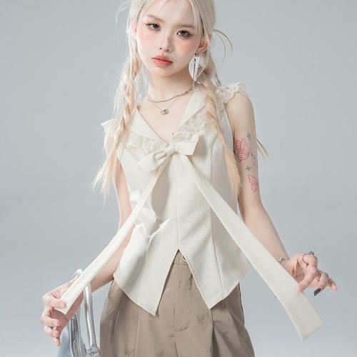 ONEOFUUU 小个子定制 茭白杏 学院风海军领花边背心无袖衬衫