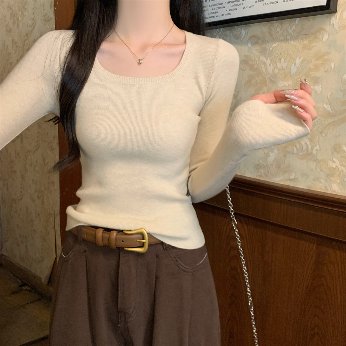 实拍实价 秋季韩版气质温柔方领针织衫安迪绒长袖打底衫内搭上衣