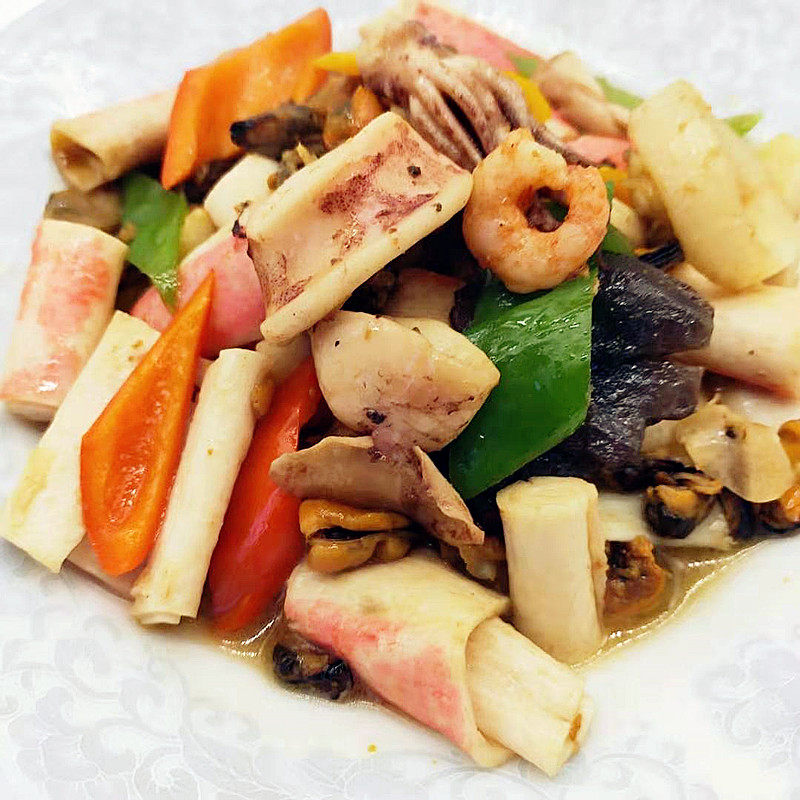 海鲜小炒什锦拼盘海杂拌大杂烩扇贝红虾仁鱿鱼海虹肉酒店特色菜