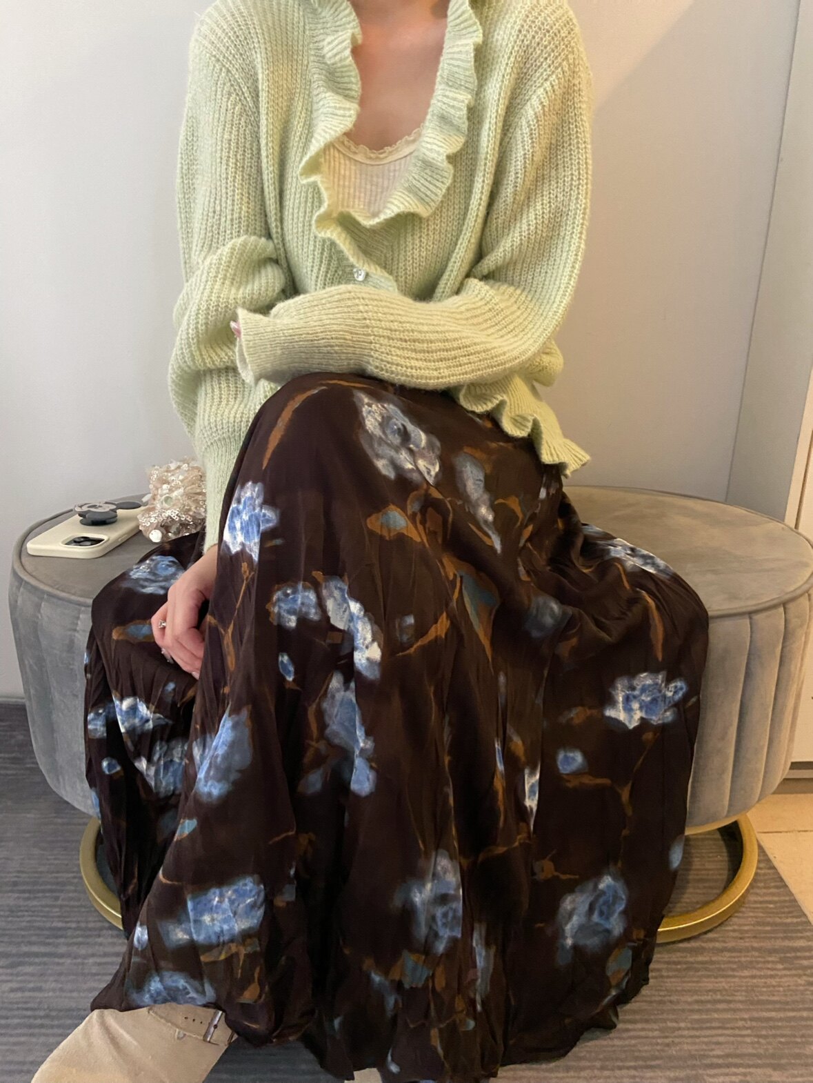 2025秋季新款女装韩版花色时尚宽松百搭显瘦设计感褶皱半身裙女