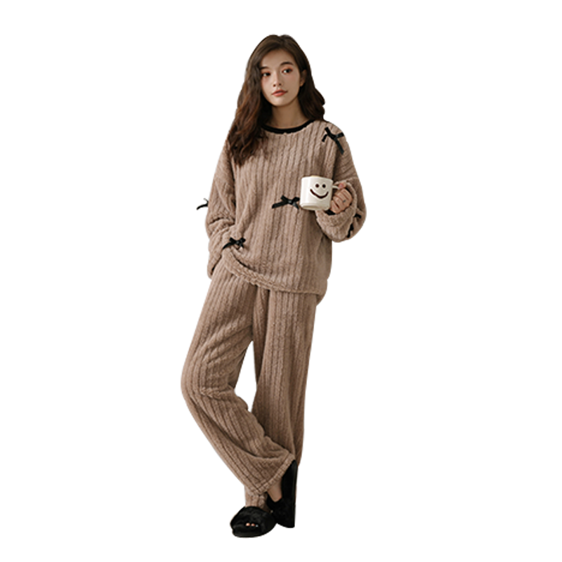 侨楚珊瑚绒睡衣女冬蝴蝶结家居服