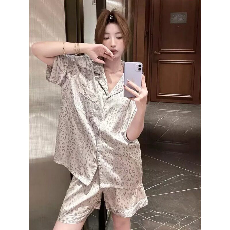 代购CrypticKiosk睡衣女款夏季气质豹纹短袖短裤可外穿家居服套装