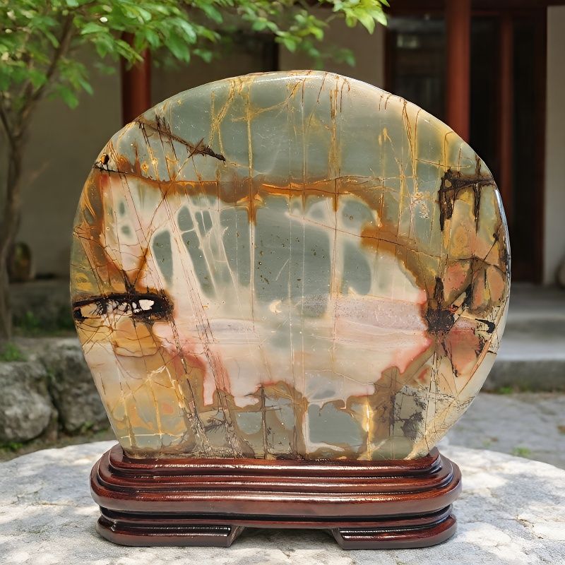 广东工艺品摆件绿色有月倒影石头