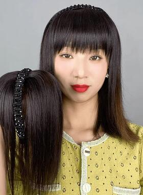 发带刘海假发女性一体式真发覆盖白发工件自然头发增加额头斜刘海