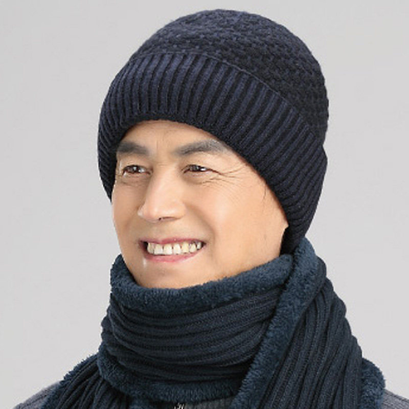 老人帽子男秋冬季针织加绒毛线帽中年爸爸护耳中老年人保暖帽围巾