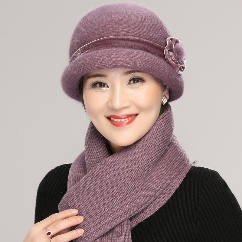 中老年人帽子女妈妈帽秋冬季老人奶奶兔毛保暖加绒针织毛线帽围巾