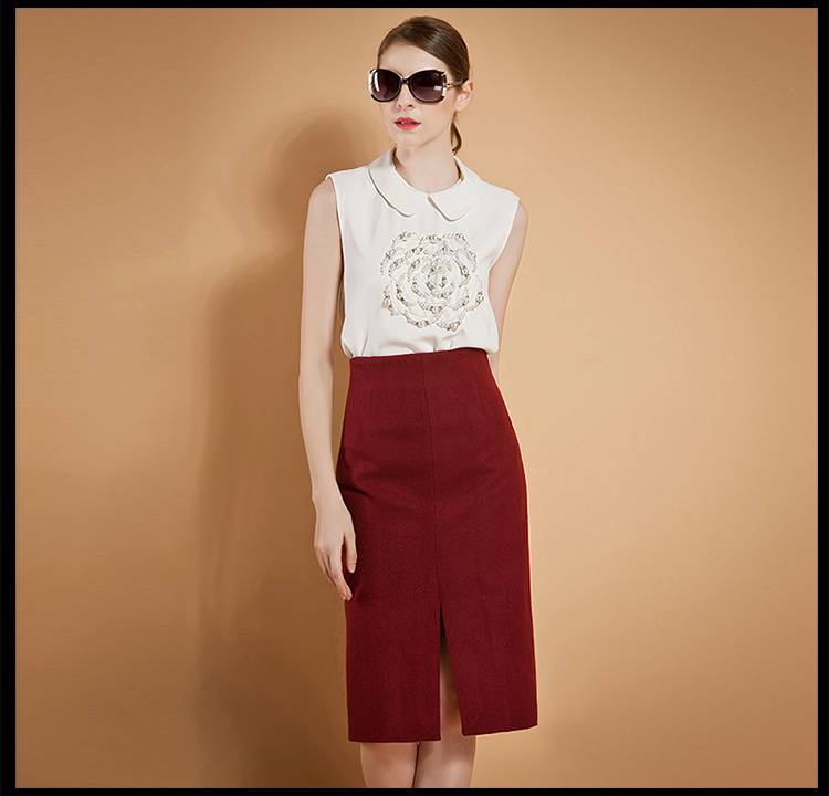 欧美毛呢前开叉过膝盖包臀裙子