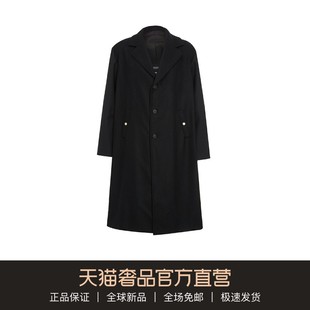 Versace Jeans Couture19秋冬黑色混羊毛贴布饰男士长款大衣外套