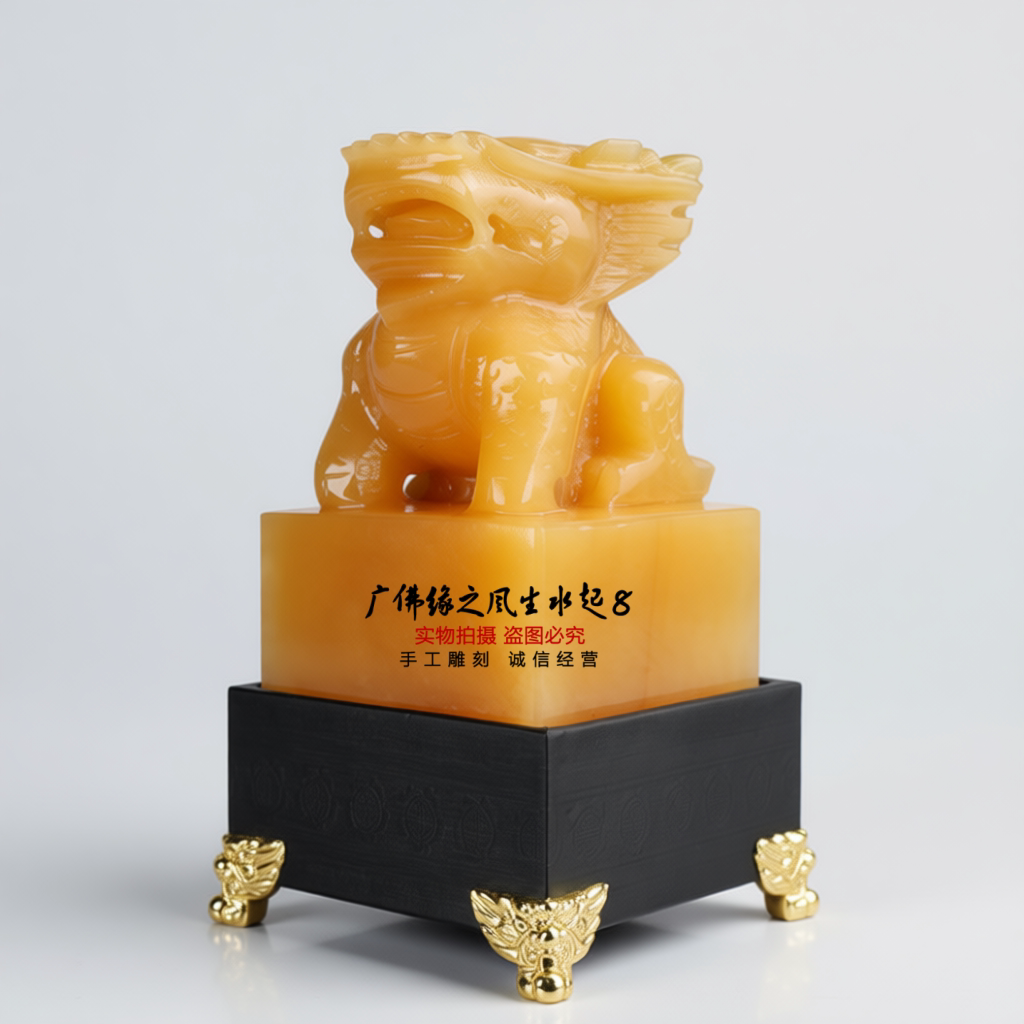 天然米黄玉麒麟玉玺印章摆件招财镇宅办公室玄关风水摆设开业礼品