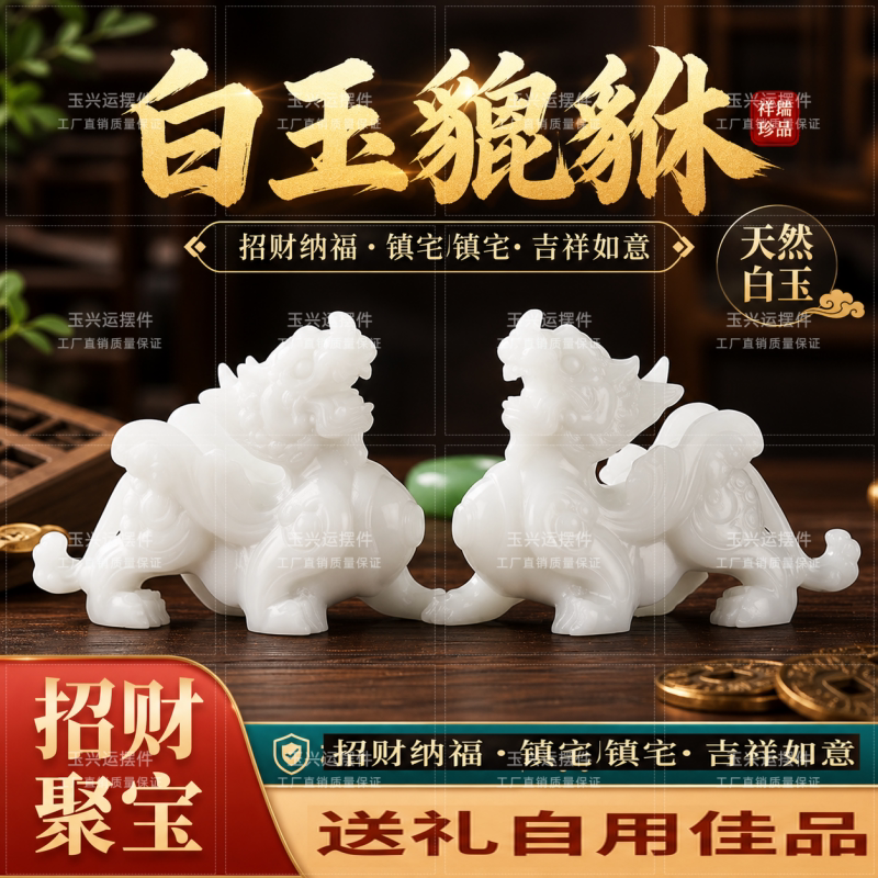 天然白玉石貔貅摆件一对招财镇宅