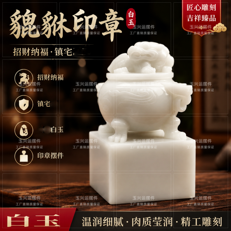 白玉貔貅聚宝盆印章摆件玉玺招财聚财镇宅书房办公室开业玉石礼品