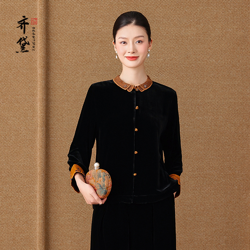 齐黛新中式黑色真丝绒上衣女2025新款长袖复古优雅妈妈桑蚕丝外套