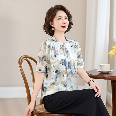 齐黛品牌真丝高端品牌上衣女2025夏季新款飘带气质妈妈桑蚕丝衬衫