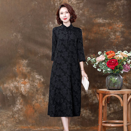 大码5XL蕾丝连衣裙女妈妈2025春装新款黑色A型摆新中式古风裙子