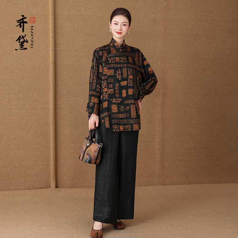 宽松真丝香云纱上衣女2025新款气质立领长袖复古洋气中老年衬衫
