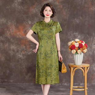 中老年人短袖 改良旗袍裙子 高端女裝 桑蠶絲真絲連衣裙媽媽夏裝