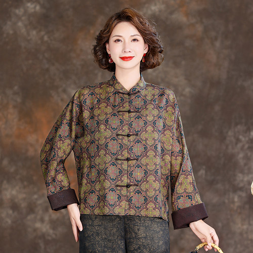 妈妈真丝香云纱上衣女2025新款立领长袖新中式优雅妈妈桑蚕丝外套