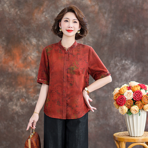 齐黛品牌新中式女士香云纱上衣2025新款五分袖复古妈妈装真丝衬衫