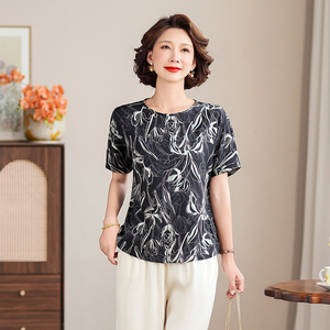 桑蚕丝真丝精致上衣女2025夏季新款短袖印花圆领短袖T恤妈妈小衫