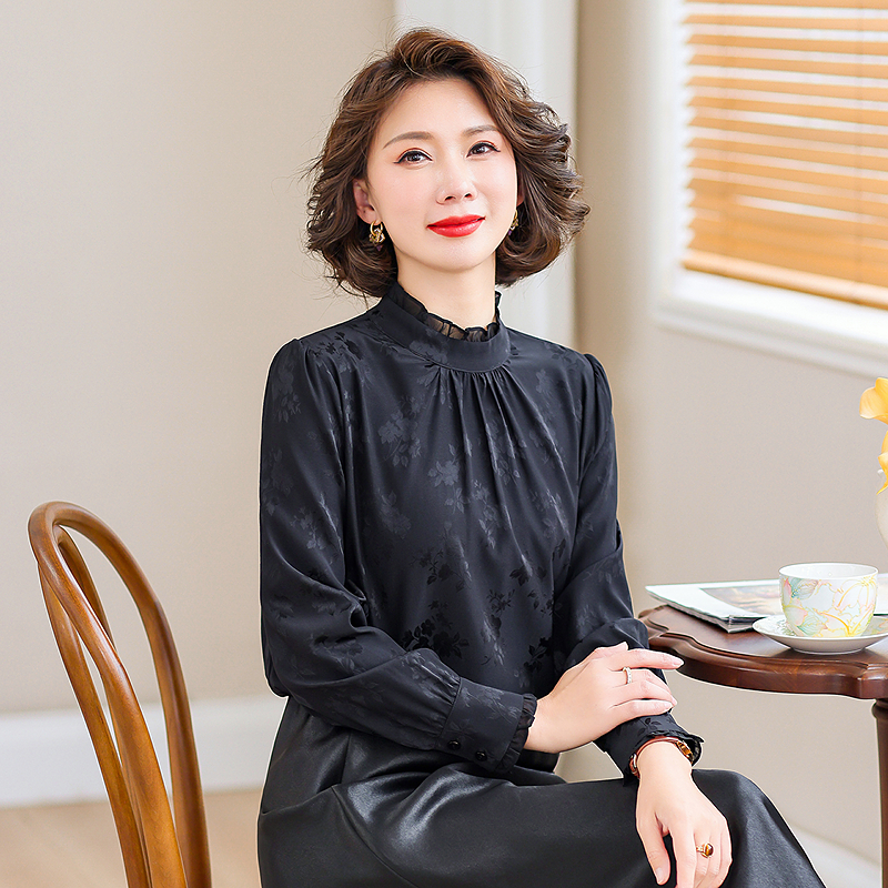 丝绸长袖衬衫女2025春夏新款优雅洋气妈妈黑色真丝桑蚕丝轻奢上衣