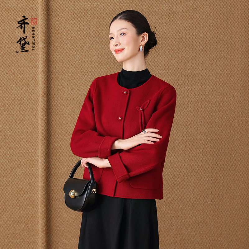 齐黛品牌红色双面纯羊毛大衣妈妈2025秋冬新款端庄气质婚宴外套