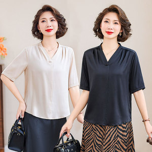 杭州真丝妈妈夏装纯色v领真丝半袖T恤中老年人女装桑蚕丝短袖上衣