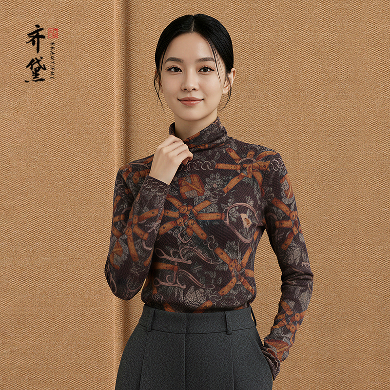 妈妈复古印花羊毛衫女100%双层羊毛超细精纺打底衫时尚堆堆领毛衣