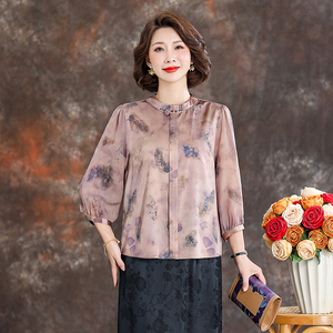 齐黛品牌新中式妈妈真丝衬衫女2025夏新款长袖印花减龄桑蚕丝衬衣