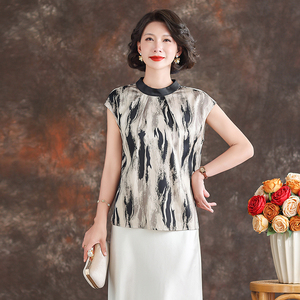 齐黛品牌贵夫人洋气真丝上衣女2025夏新款短袖T恤妈妈桑蚕丝衬衫