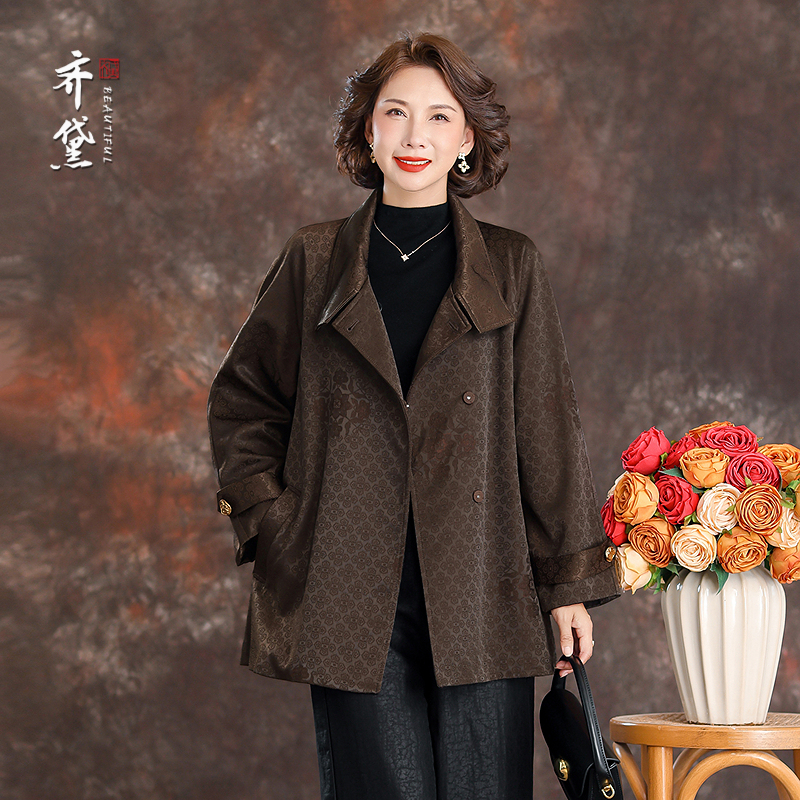 高端女士真丝桑蚕丝外套女轻奢高级感2025秋新款提花妈妈短款风衣