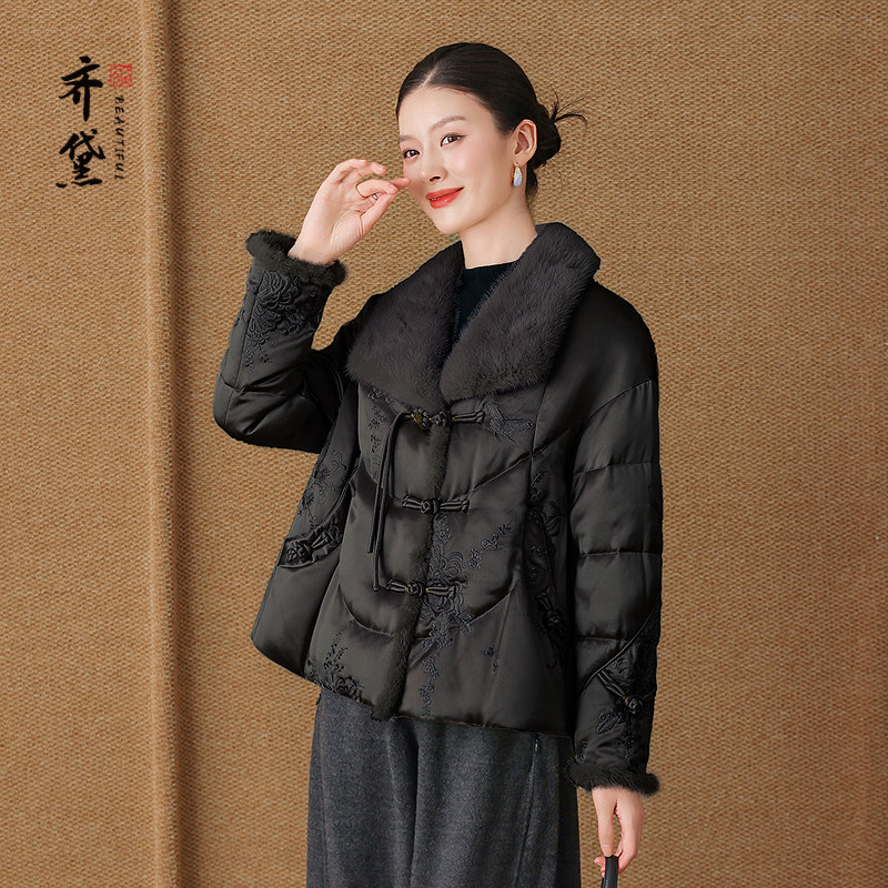 【95绒】高端鹅绒服女2025冬新款加厚毛领新中式刺绣羽绒服外套