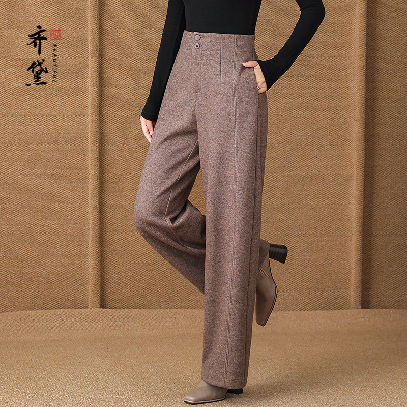齐黛棕色羊毛休闲裤女士2025秋冬新款高腰宽松百搭直筒阔腿裤子