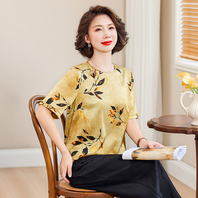 齐黛品牌桑蚕丝真丝上衣女2025春夏新款印花圆领时尚妈妈装衬衫