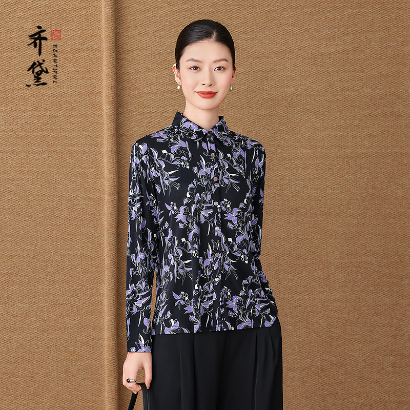 齐黛品牌妈妈真丝桑蚕丝衬衫女2025秋季新款长袖职业通勤针织衫