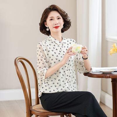 齐黛真丝高端品牌上衣女2025夏季新款五分袖波点妈妈装桑蚕丝衬衫